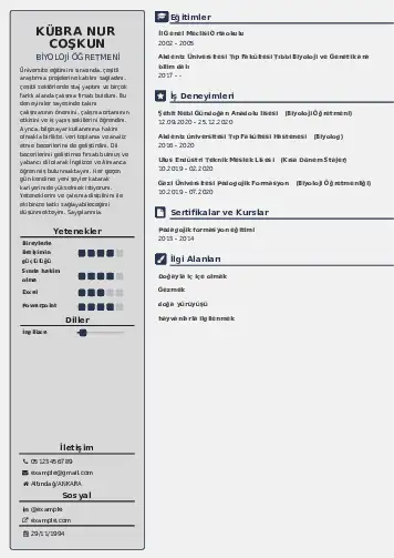 Biyoloji Öğretmeni CV Örnekleri cv indir